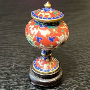 Cloisonné Decorative Lidded Urn - Red and Blue Accent